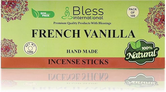 Bless-French-Vanilla 100%-Natural-Handmade-Hand-Dipped-Incense-Sticks Organic-Chemicals-Charcoal-Free Purification-Relaxation-Positivity-Yoga-Meditation Best-Woods-Scent (100 Sticks(5.25 OZ))