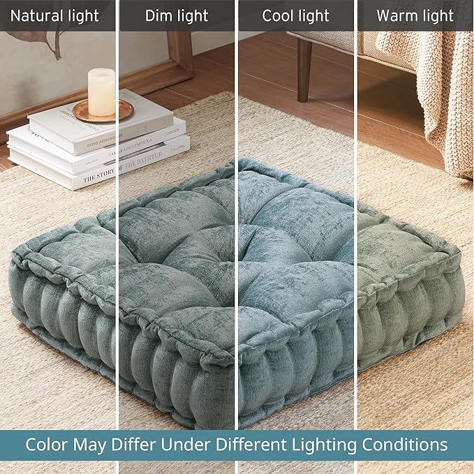 Intelligent Design Azza Floor Pillow, Large Cushions Sitting for Adults, Floor Pillow for Meditation or Yoga, Lustrous Chenille Tufted with Scalloped Edges for Bench/Chair Cushion, 20"x20"x5" Aqua