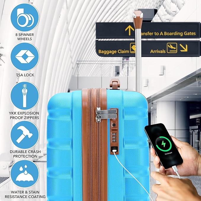 Carry On Suitcase Hardside TSA Lock & USB Port Silent Double Spinner Wheels Maximum Carry-On Bag For Canada Air Approved Airlines( 21.5x15.5x9" ,Turquoise/Tan )