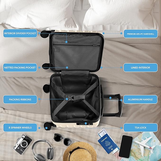 Carry On Suitcase Hardside TSA Lock & USB Port Silent Double Spinner Wheels Maximum Underseat Carry-On Bag For Virgin & South West Approved Airlines( 16.25x13.5x8" ,Cream/Black )