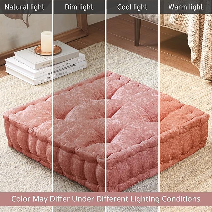 Intelligent Design Azza Floor Pillow, Large Seat Cushions for Adults, Floor Pillow for Meditation or Yoga, Lustrous Chenille Tufted, Scalloped Edges for Bench/Chair Cushion, 20"x20"x5", Dusty Peach