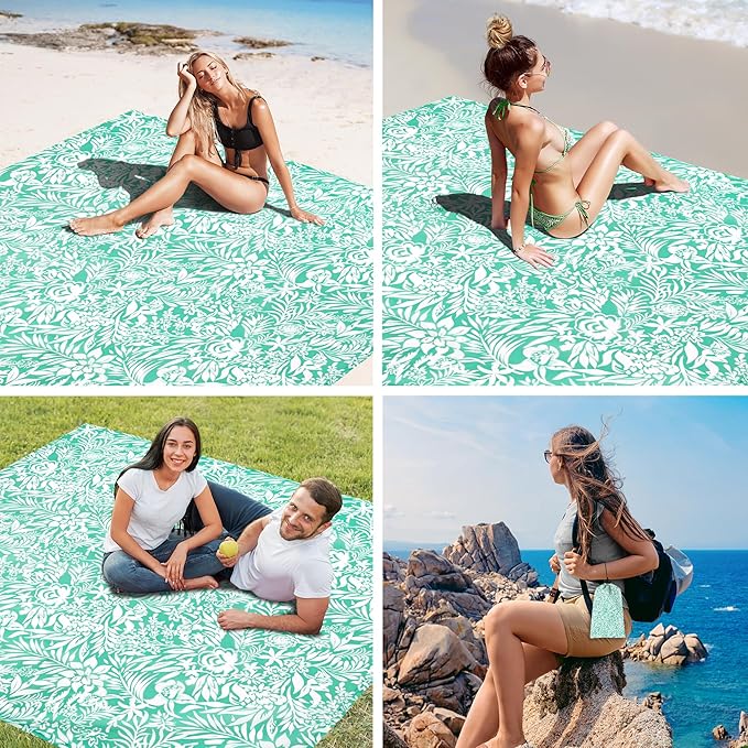 Beach Blanket Waterproof Sandproof Oversized, 110''×118'' Extra Large Beach Mat Sand Free, Lightweight Compact Folable Pinic Blanket w/ 4 Stakes & Pockets for Camping, Travel