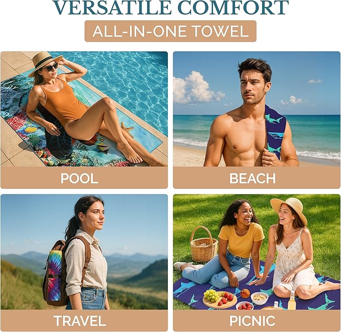 Casa Platino Pool Towels 6 Pack – Oversized 71"x32" Sand Free Microfiber Towel, Quick Dry and Lightweight with Double-Sided Prints, Beach Gifts for Women, Ideal for Travel & Camping – Lucky Bay