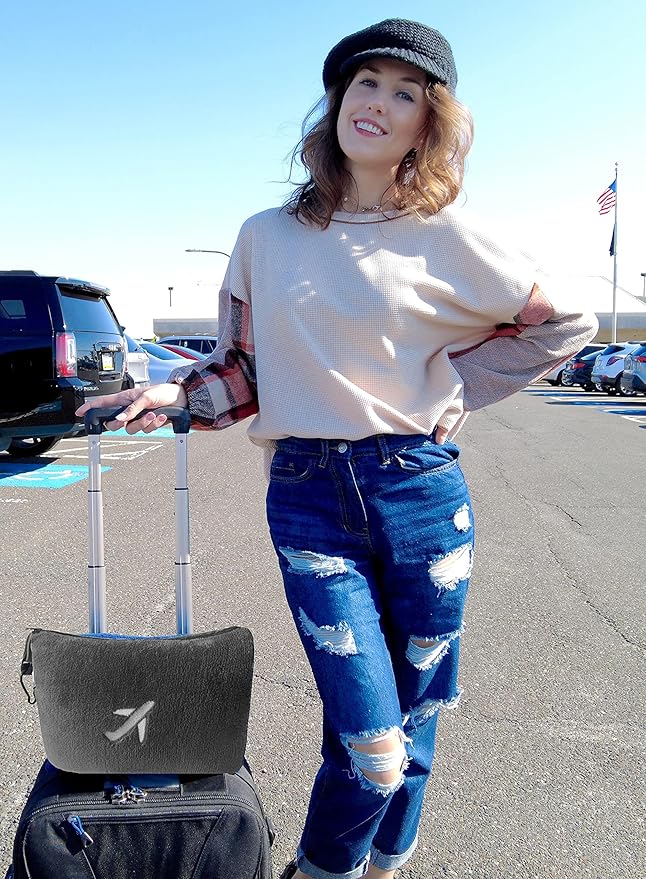 BlueHills Travel Blanket Pillow in Mini Soft Case Premium Plush Airplane Blanket Soft Bag Compact Pack with Luggage Belt and Backpack Clip Small Lightweight Traveling Plane Essentials - Grey Gray M01