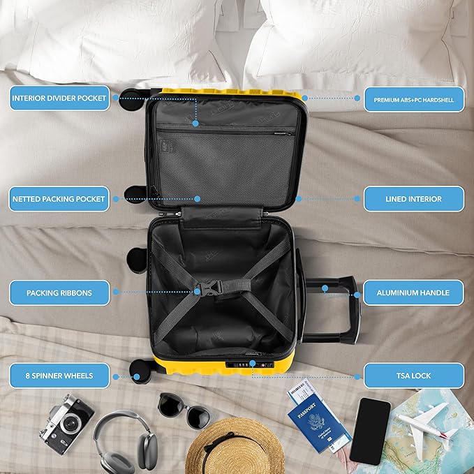 Carry On Suitcase Hardside TSA Lock & USB Port Silent Double Spinner Wheels Maximum Underseat Carry-On Bag For Virgin & South West Approved Airlines( 16.25x13.5x8" ,Yellow )