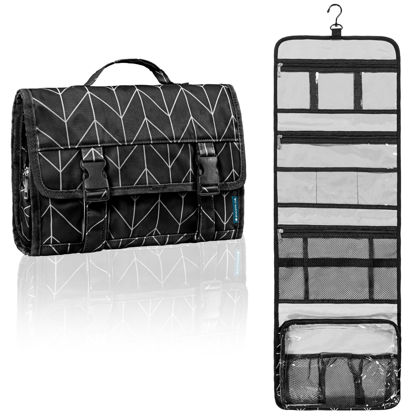 PAVILIA Travel Hanging Toiletry Bag for Women Men, Large Capacity Makeup Bag Kit, Waterproof Cosmetic Storage Organizer Case for Bathroom Shower, Black Chevron