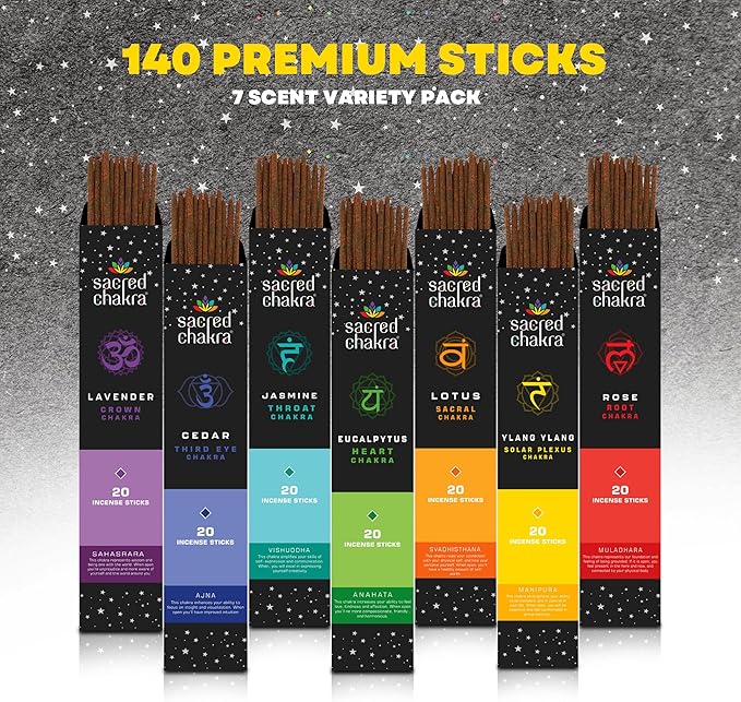 Mecka Sacred Chakra Incense Sticks Gift Set | 140 Insence-Sticks for Yoga, Aromatherapy and Relaxation | 7 Unique Aligning Scents for Meditation and Good Vibes | Premium Slow Burn Natural Insenses