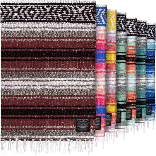 Authentic Large Handwoven Mexican Blanket - Soft Yoga- Durable Serape- Lightweight Falsa, Beach, Camping, Picnic, Outdoor Blanket 70"x50" - Cherry