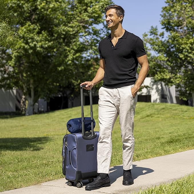 BlueHills Travel Blanket Pillow Rolled Premium Soft Plush Airplane Throw Traveling Essential Gift Compact in a Bag 70 X 48 inches Long Plane Flight Portable Lightweight Navy Blue R04