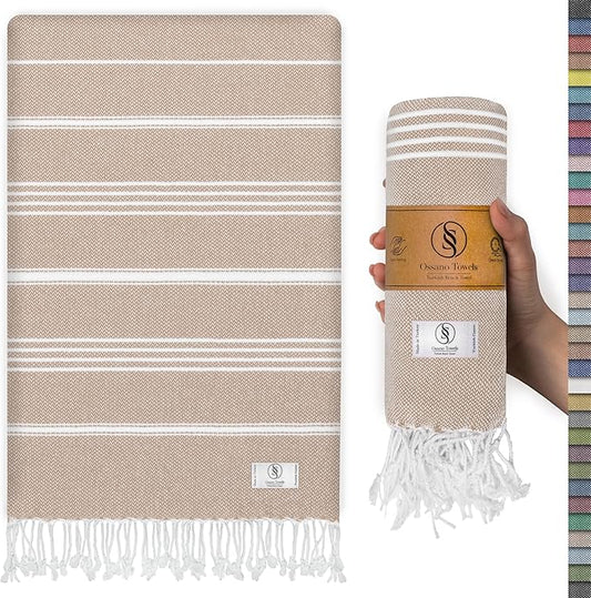 Beige Beach Towel – Sand Free & Quick Dry, Oversized (39” x 71”), Decorative, Versatile, and Functional, Ideal as, Beach Essential, Picnic Blanket, Turkish Towel, Yoga Mat, Picnic Towel