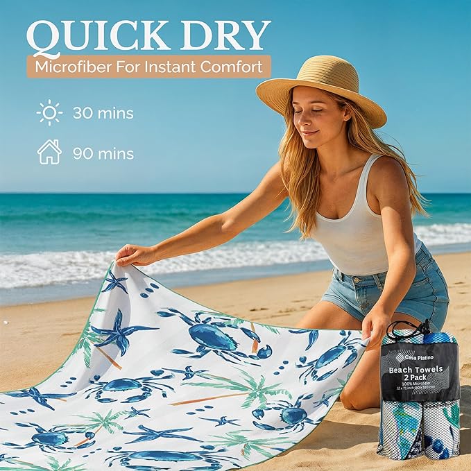 Casa Platino Oversized Beach Towel 2 Pack – Extra Large 32"x71" Lightweight Microfiber, Quick Dry & Sand Free, Perfect for Pool, Beach or Camping – Ideal for Summer Travel – Devil