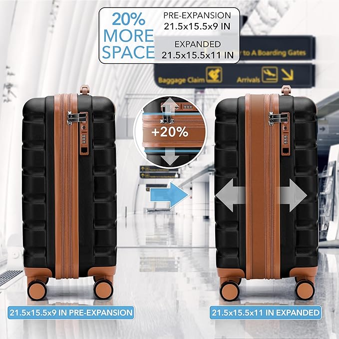 Carry On Suitcase Hardside TSA Lock & USB Port Silent Double Spinner Wheels Maximum Carry-On Bag For Canada Air Approved Airlines( 21.5x15.5x9" ,Black/Tan )