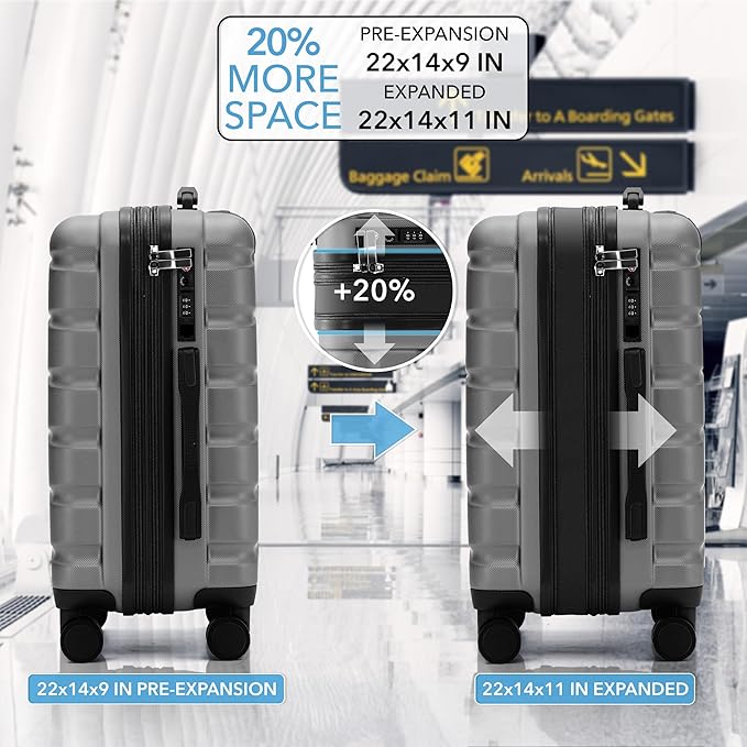 22x14x9" Expandable Carry On Suitcase Hardside TSA Lock USB C Port Lightweight Luggage Silent Double Spinner Wheels Maximum Overhead Carry-On Bag For American & United Approved Airlines