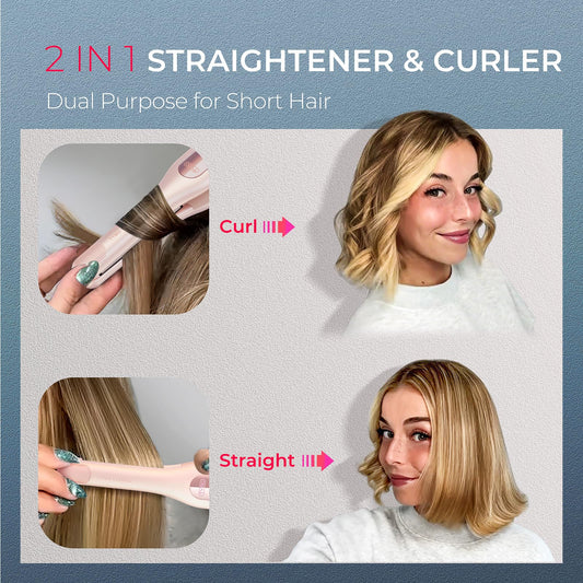 TYMO Curling Iron for Short Hair - Cordless Mini Flat Iron for Travel, Portable Small Curved Straightener for Women, Hair Straightener and Curler 2 in 1, Lightweight On-The-Go, Dual Voltage, Gold Pink