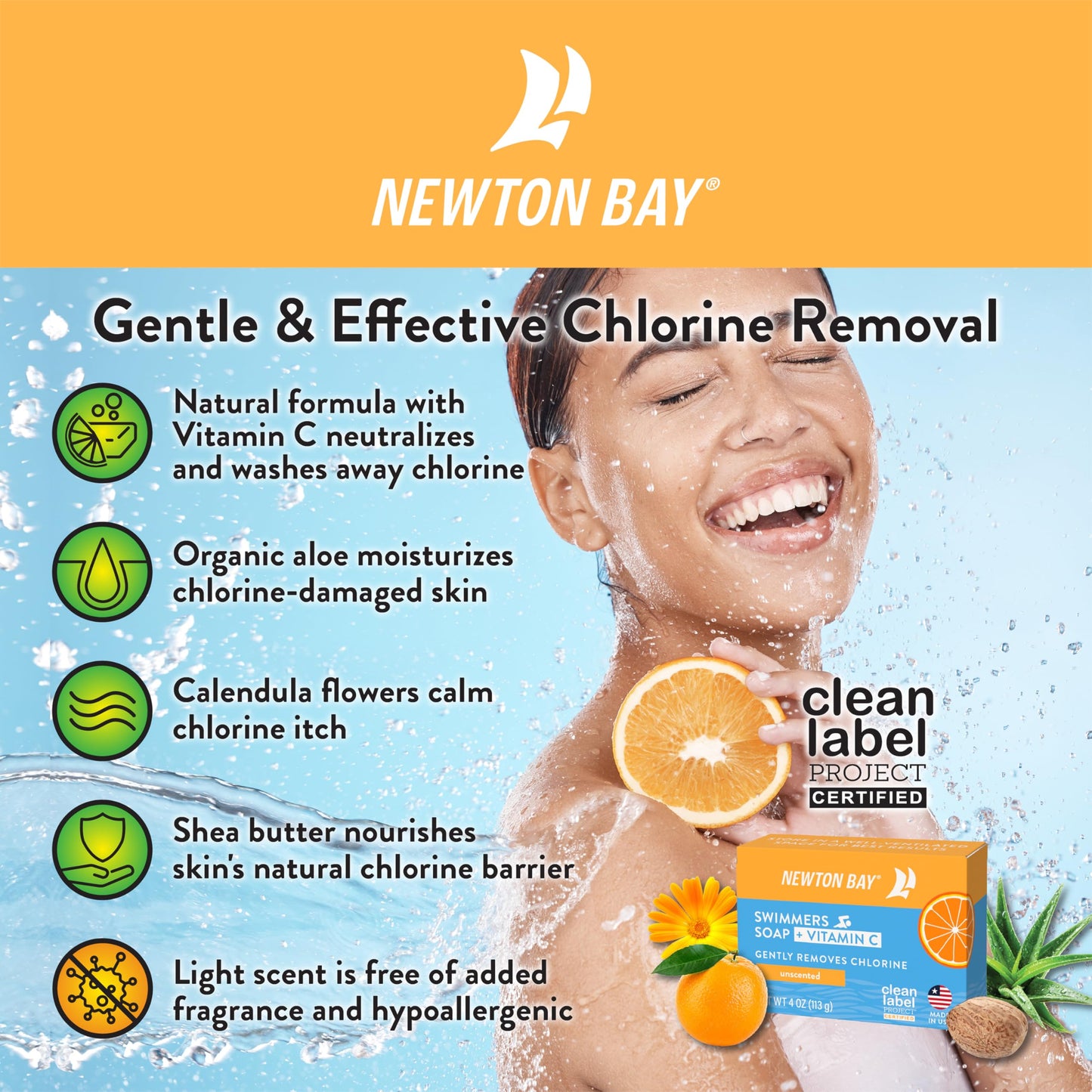 Newton Bay Swimmers Soap + Vitamin C | All Natural Body and Face Wash Soap Bar | Neutralizes and Washes Away Chlorine After Swimming | Revitalizes Sensitive Skin | Single 4 Ounce Soap Bar