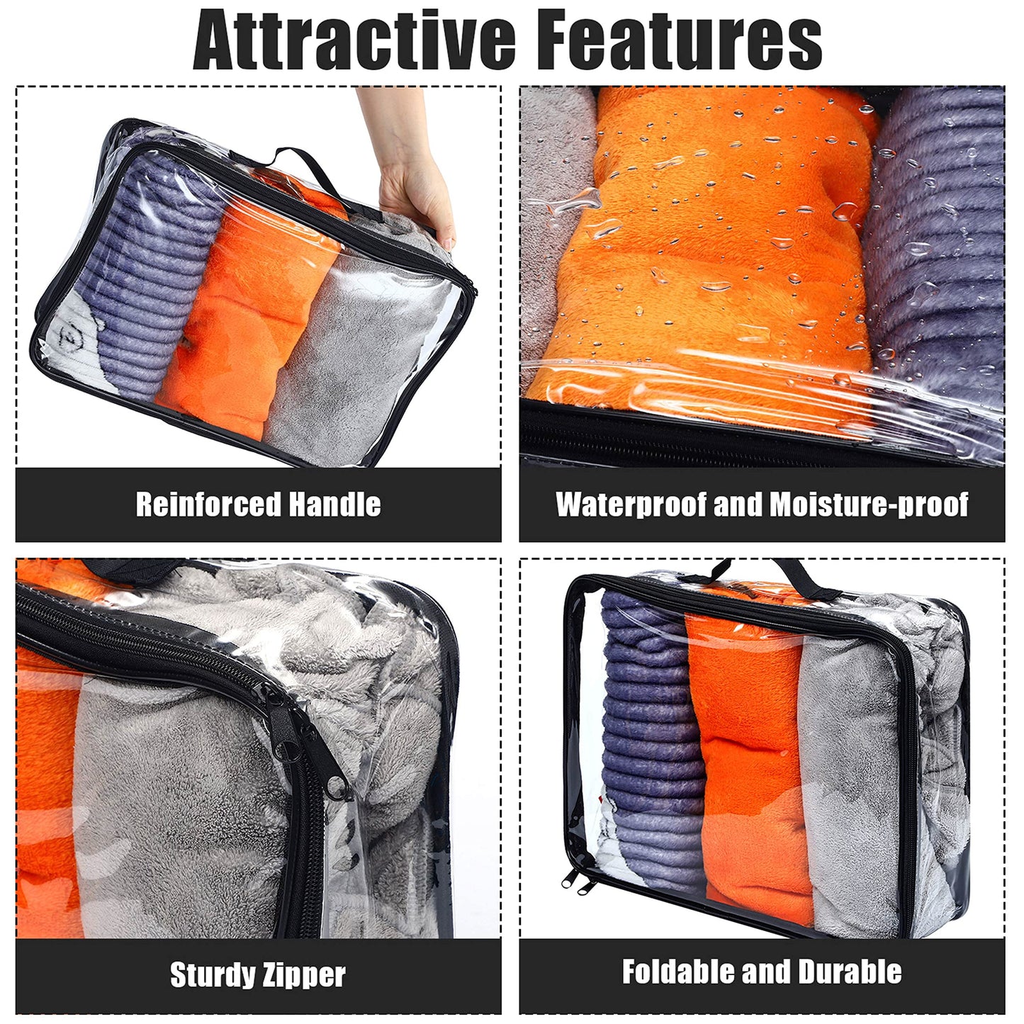 6 Pieces Large Clear Travel Packing Cube Clear Vinyl Zippered Storage Bags See Through Moving Bag PVC Multipurpose Pouch with Handle for Suitcase Shirts Dress Storage (Black, 11.8 x 10.2 x 3.9 Inch)