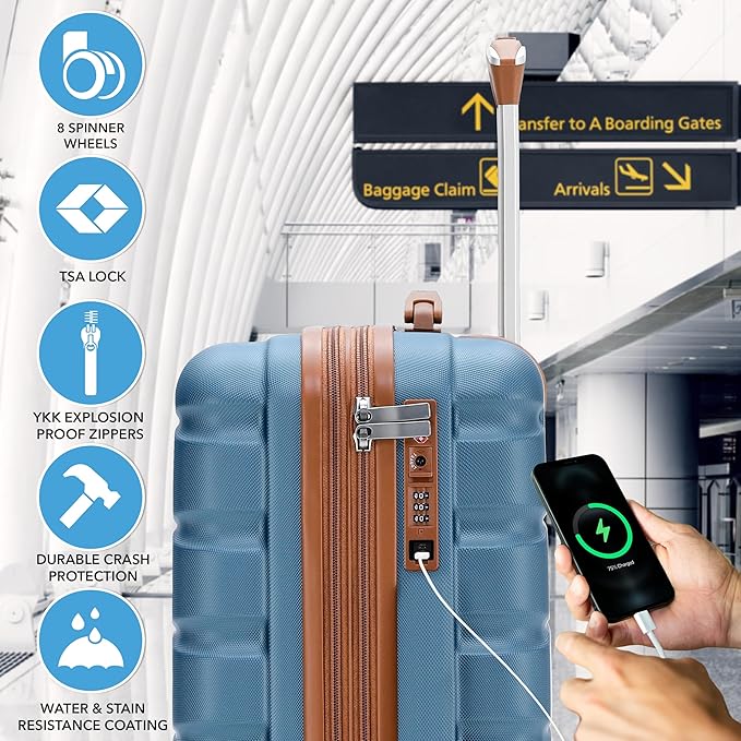 Carry On Suitcase Hardside TSA Lock & USB Port Silent Double Spinner Wheels Maximum Carry-On Bag For Canada Air Approved Airlines( 21.5x15.5x9" ,Blue/Tan )