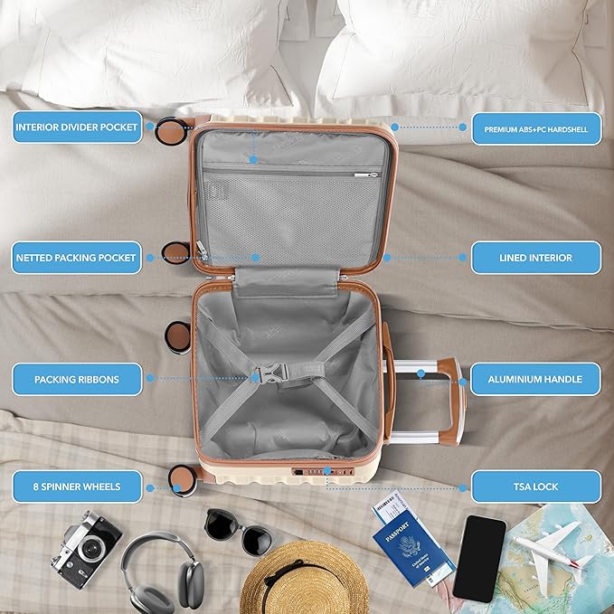Carry On Suitcase Hardside TSA Lock & USB Port Silent Double Spinner Wheels Maximum Underseat Carry-On Bag For Virgin & South West Approved Airlines( 16.25x13.5x8" ,Cream/Tan )