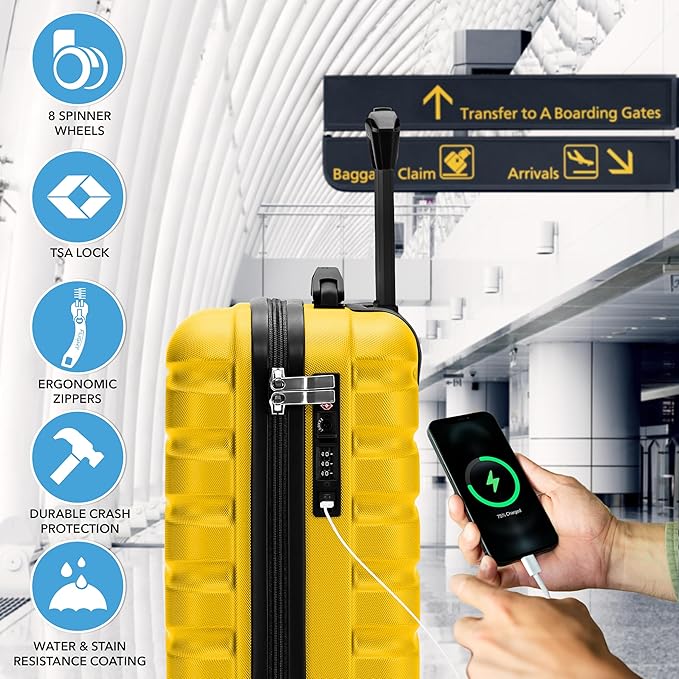 Carry On Suitcase Hardside Built In TSA Lock & USB Port Silent Double Spinner Wheels Maximum Underseat Carry-On Bag For American & United Approved Airlines( 18x14x8" ,Yellow )