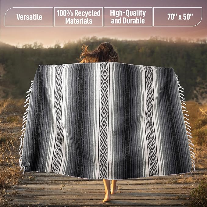 Authentic Extra Large Mexican Blanket - 70"x50" Handwoven Yoga, Serape, Artisanal Falsa, Beach, Camping, Picnic, Outdoor Blanket (Oxford)