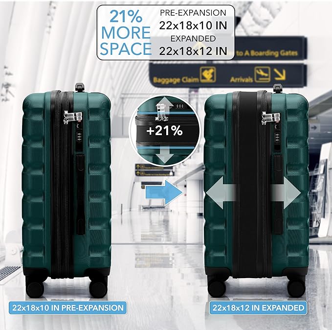 Carry On Suitcase Hardside TSA Lock & USB Port Silent Double Spinner Wheels Maximum Overhead Carry-On Bag Approved For Many Airlines( 22x18x10" ,Forest Green )