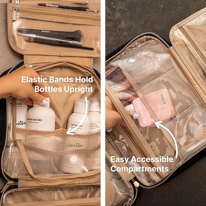 Carrywell |Not Made In China| Hanging Toiletry Travel Bag For Women, Makeup Organizer Case, Water-Resistant Cosmetic Bag For Full-size Containers, Toiletries (Black, Medium)