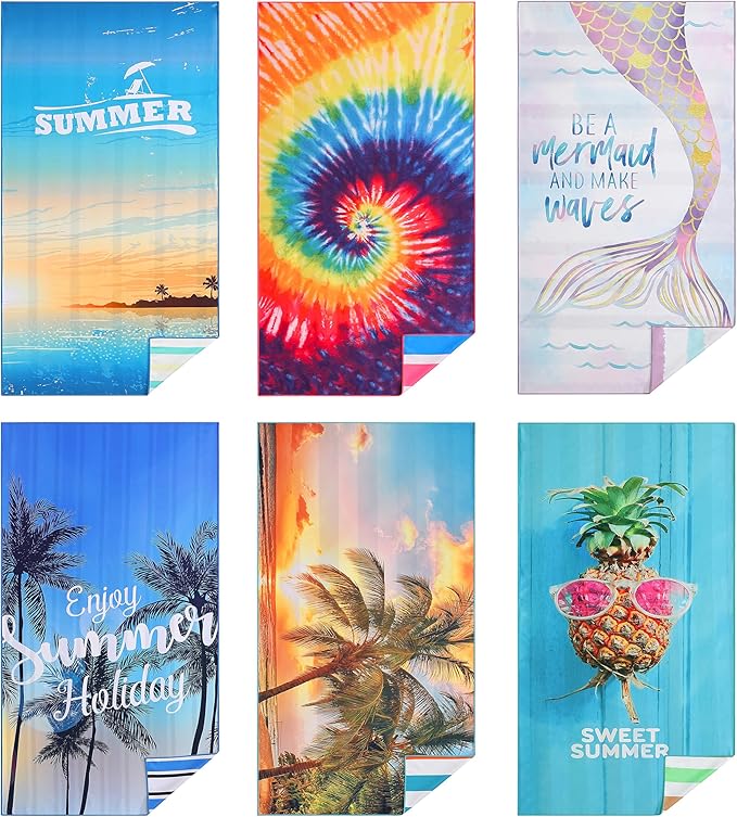 Casa Platino Microfiber Beach Towel 6 Pack – Extra Large 71"x32" Sand Free, Quick Dry Towels with Double-Sided Prints, Lightweight & Soft, Perfect Beach Towels for Girls, Travel & Camping – Marsa