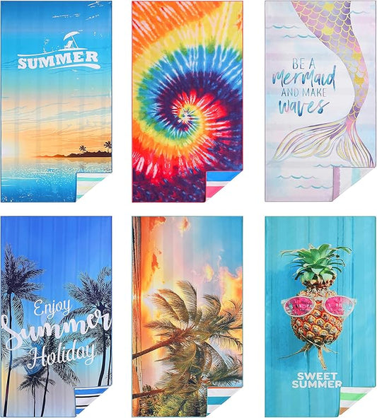 Casa Platino Microfiber Beach Towel 6 Pack – Extra Large 71"x32" Sand Free, Quick Dry Towels with Double-Sided Prints, Lightweight & Soft, Perfect Beach Towels for Girls, Travel & Camping – Marsa