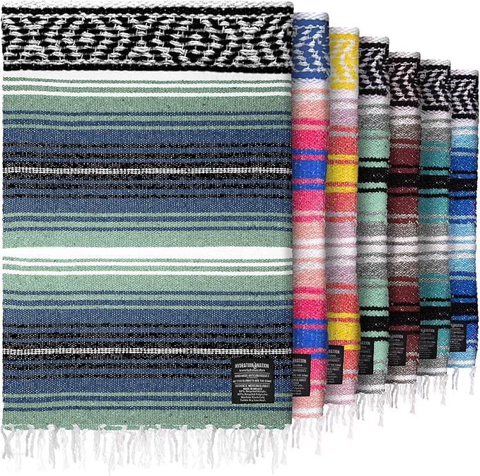 Authentic Large Handwoven Mexican Blanket - Soft Yoga- Durable Serape- Lightweight Falsa, Beach, Camping, Picnic, Outdoor Blanket 70"x50" - Arctic