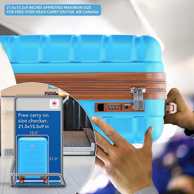 Carry On Suitcase Hardside TSA Lock & USB Port Silent Double Spinner Wheels Maximum Carry-On Bag For Canada Air Approved Airlines( 21.5x15.5x9" ,Turquoise/Tan )