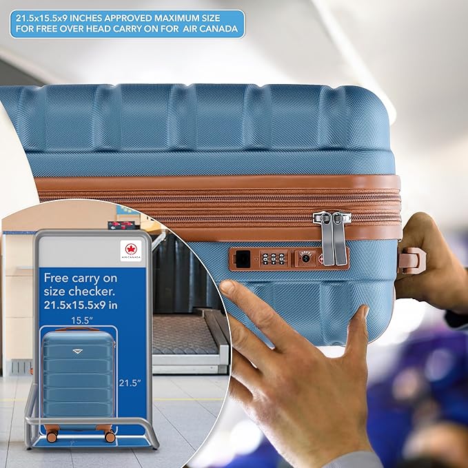 Carry On Suitcase Hardside TSA Lock & USB Port Silent Double Spinner Wheels Maximum Carry-On Bag For Canada Air Approved Airlines( 21.5x15.5x9" ,Blue/Tan )
