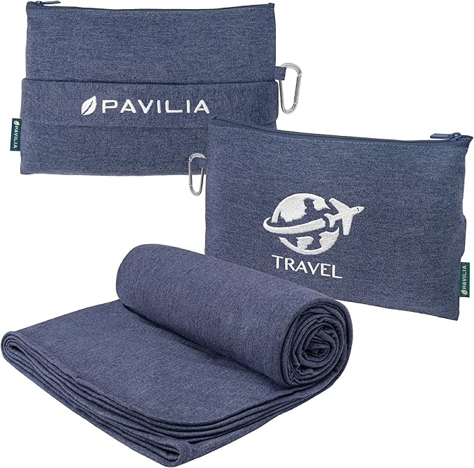 PAVILIA Travel Blanket Compact, Airplane Packable Bag, Soft Fleece Portable Throw Pillow Combo Set, Plane Flight Car Trips Essentials Gift Accessories, Luggage Backpack Clip, Navy Blue, 65 x 40 inch