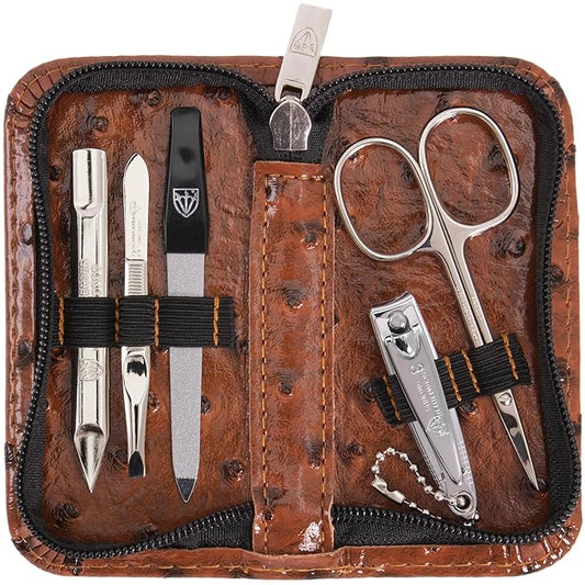 3 Swords Germany - brand quality 5 piece manicure pedicure grooming kit set with synthetic leather case ostrich cognac - Made in Germany