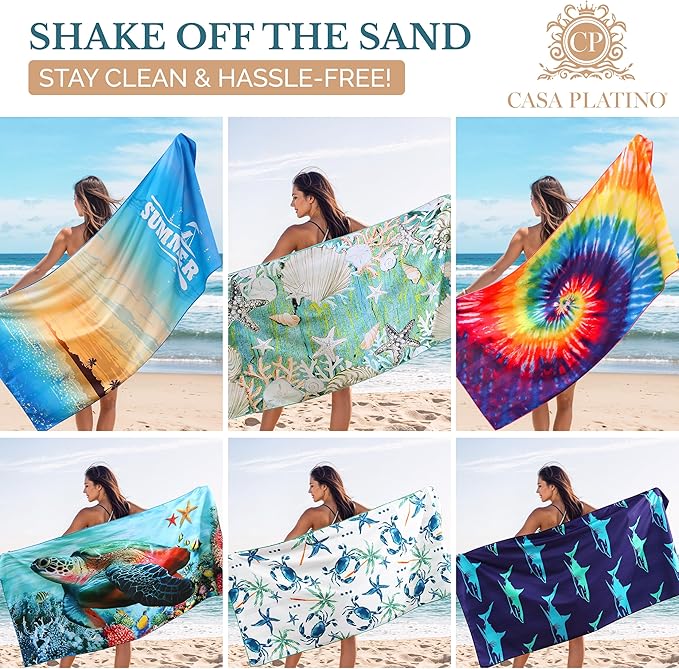 Casa Platino Pool Towels 6 Pack – Oversized 71"x32" Sand Free Microfiber Towel, Quick Dry and Lightweight with Double-Sided Prints, Beach Gifts for Women, Ideal for Travel & Camping – Lucky Bay
