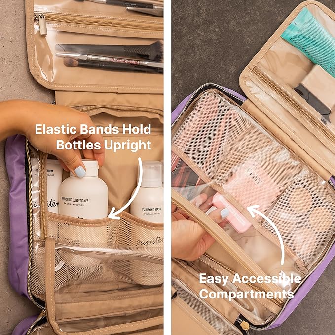 Carrywell |Not Made In China| Hanging Toiletry Travel Bag For Women, Makeup Organizer Case, Water-Resistant Cosmetic Bag For Full-size Containers, Toiletries (Purple, Medium)