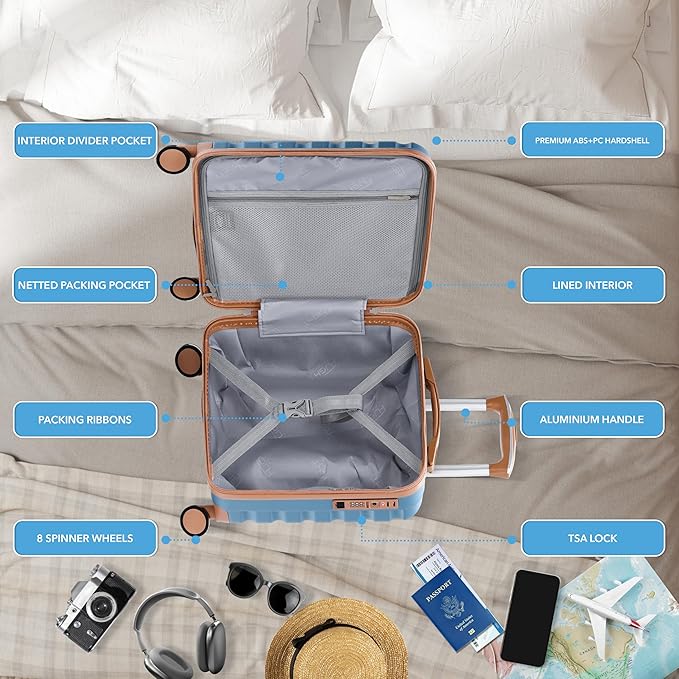 Carry On Suitcase Hardside Built In TSA Lock & USB Port Silent Double Spinner Wheels Maximum Underseat Carry-On Bag For American & United Approved Airlines( 18x14x8" ,Blue/Tan )