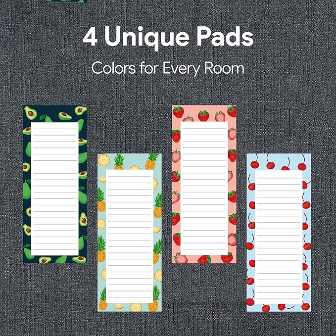 4 Large Magnetic Notepads – Big Notepads for Grocery List, Shopping List, To-Do List, Reminders -Strong Magnetic Back- Memo Pads with Realistic Fruit Designs | 60 Sheets per Pad 9 x 3.5 inch (4 Pack)