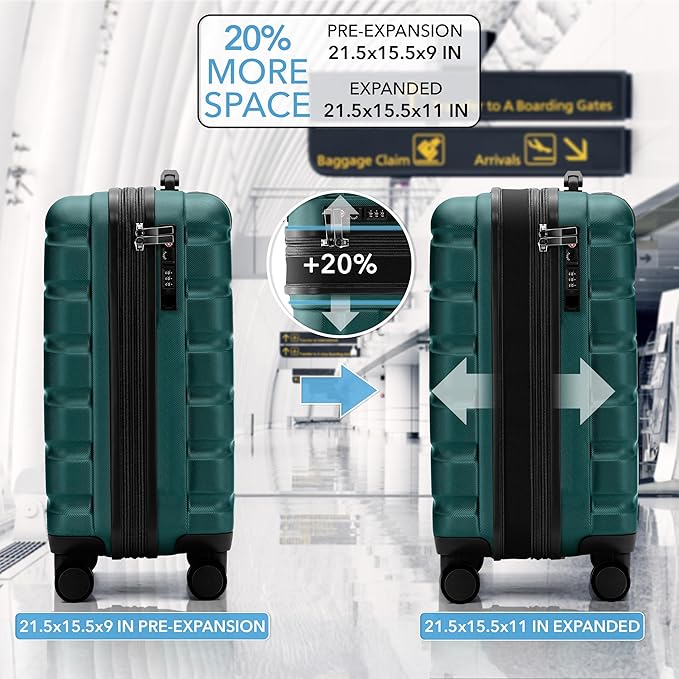 Carry On Suitcase Hardside TSA Lock & USB Port Silent Double Spinner Wheels Maximum Carry-On Bag For Canada Air Approved Airlines( 21.5x15.5x9" ,Forest Green )