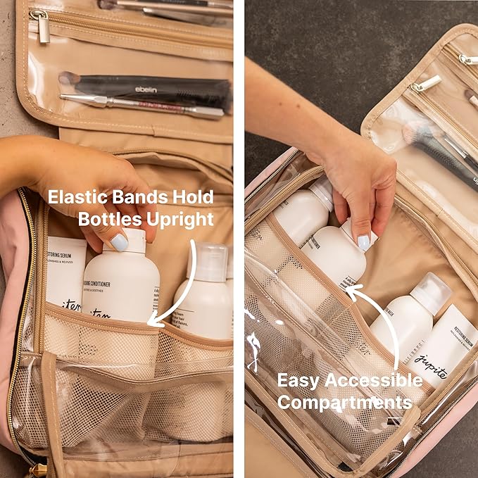 Carrywell |Not Made In China| Hanging Toiletry Travel Bag For Women, Makeup Organizer Case, Water-Resistant Cosmetic Bag For Full-size Containers, Toiletries (Pink, Medium)