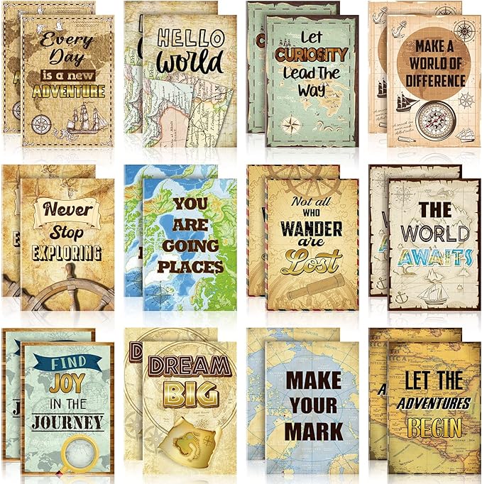 24 Pcs Travel The Map Notepad Travel Inspirational Gifts Notepads Mini Motivational Journal Notebooks Bulk Antique Map Patterns Small Pocket Notepads for School Office, 4.72 x 3.35 Inch,12 Styles