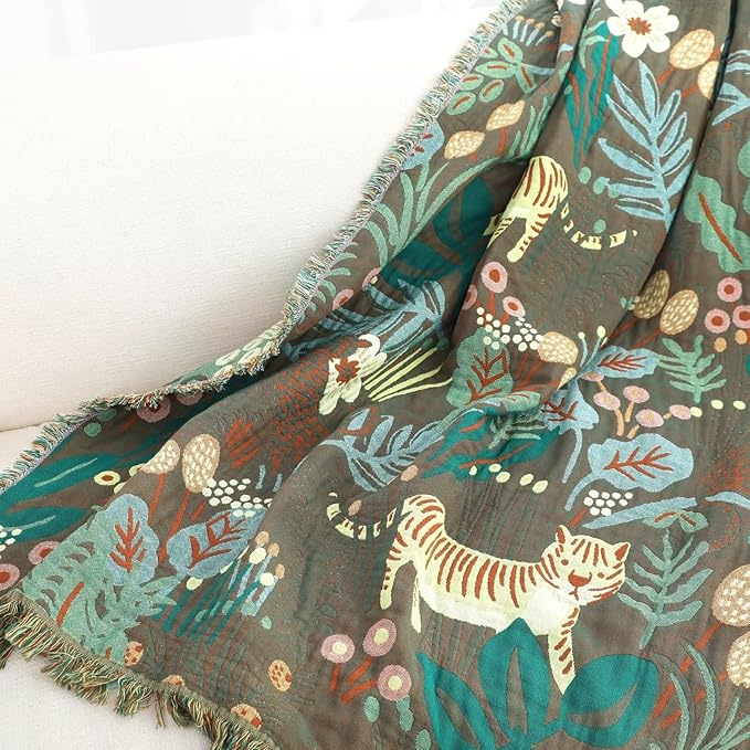 Boho Throw Blanket for Bed 100% Cotton Ultra Soft Rustic Quilt Fall Blanket Forest Tiger Printed Farmhouse Decor Bed Blankets,60"×80" All Season Rustic Throw for Sofa Couch Chair