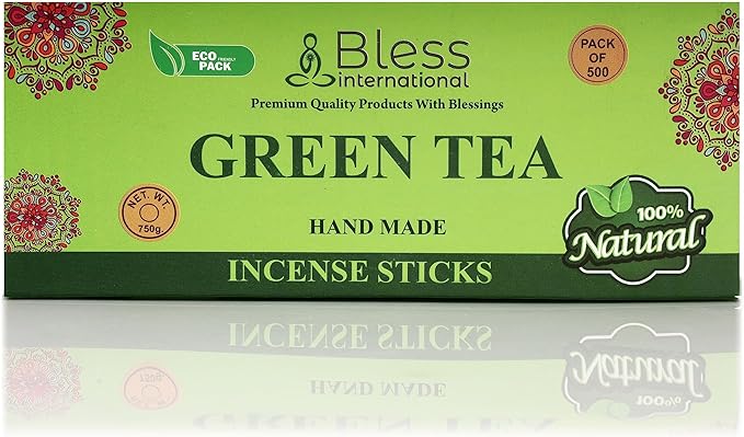 Bless-Green-Tea-Incense-Sticks 100%-Natural-Handmade-Hand-Dipped-Incense-Sticks Organic-Chemicals-Charcoal-Free Purification-Relaxation-Positivity-Yoga-Meditation Best-Woods-Scent (500 Sticks(26 OZ))