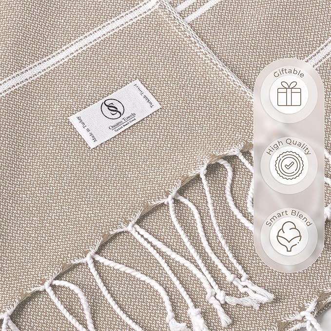 Beige Beach Towel – Sand Free & Quick Dry, Oversized (39” x 71”), Decorative, Versatile, and Functional, Ideal as, Beach Essential, Picnic Blanket, Turkish Towel, Yoga Mat, Picnic Towel