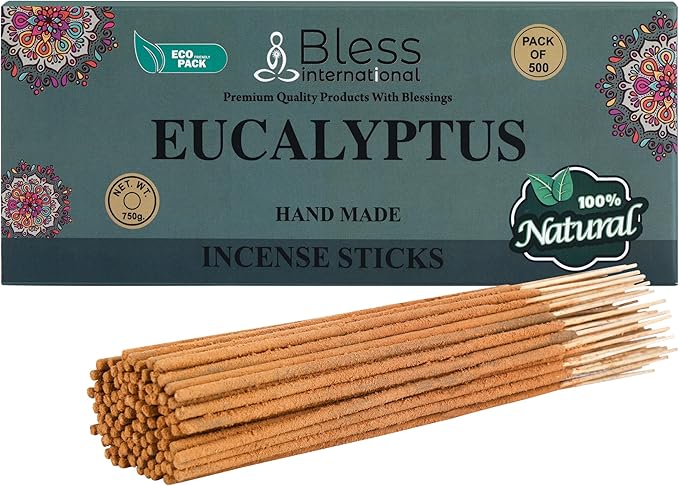 Bless-Eucalyptus 100%-Natural-Handmade-Hand-Dipped-Incense Organic-Chemicals-Charcoal-Free Purification-Relaxation-Positivity-Yoga-Meditation Best-Woods-Scent (500 Sticks(26 OZ))