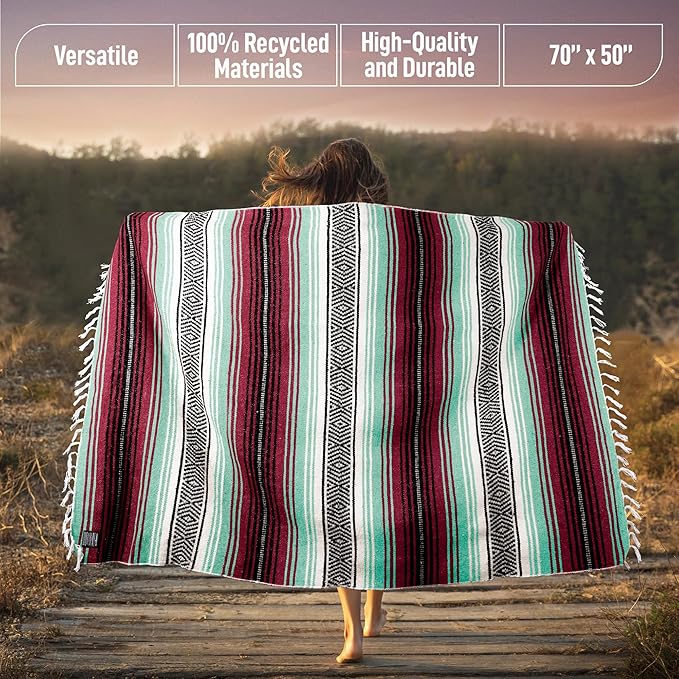 Authentic Large Handwoven Mexican Blanket - Soft Yoga- Durable Serape- Lightweight Falsa, Beach, Camping, Picnic, Outdoor Blanket 70"x50" - Miami Vice