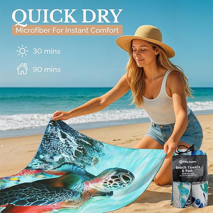 Casa Platino Beach Towel Set of 6 – Extra Large 71"x32" Sand Free Microfiber Towels, Quick Dry & Lightweight with Double-Sided Prints, Mesh Bag Included, Beach Bag Essentials for Travel – Maslin