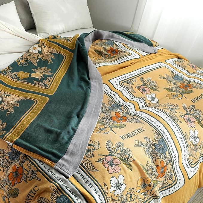 Boho Throw Blanket for Bed 100% Cotton Ultra Soft Rustic Quilt Fall Blanket Floral Printed Farmhouse Decor Bed Blankets,80"×90" All Season Rustic Throw for Sofa Couch Chair