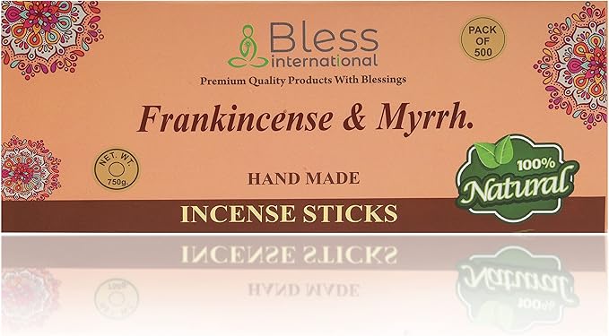 Bless-Frankincense-and-Myrrh 100%-Natural-Handmade-Hand-Dipped-Incense-Sticks Organic-Chemicals-Charcoal-Free Purification-Relaxation-Positivity-Yoga-Meditation Best-Woods-Scent (500 Sticks (26 OZ))