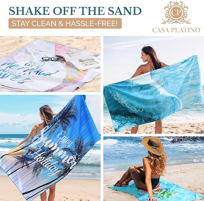 Casa Platino Beach Towel Set of 4 – Extra Large 32"x71" Microfiber Pool Towels, Quick Dry and Sand Free with Mesh Bag, Dual Side Printed, Lightweight Travel & Beach Essentials for Women – Byron Bay