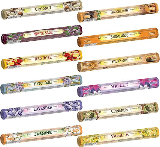 Tulasi Incense Sticks Pack of 12 Natural Scent (240 sticks) Variety Fragrance of Coconut, White Sage, Red Rose, Palo Santo, Lavender & Cinnamon etc, Ideal for Aromatherapy, Meditation & Positive Vibes